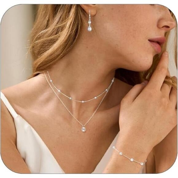 Pearl Layered Choker Necklace earrings bracelet set for women wedding jewelry - Picture 7 of 7